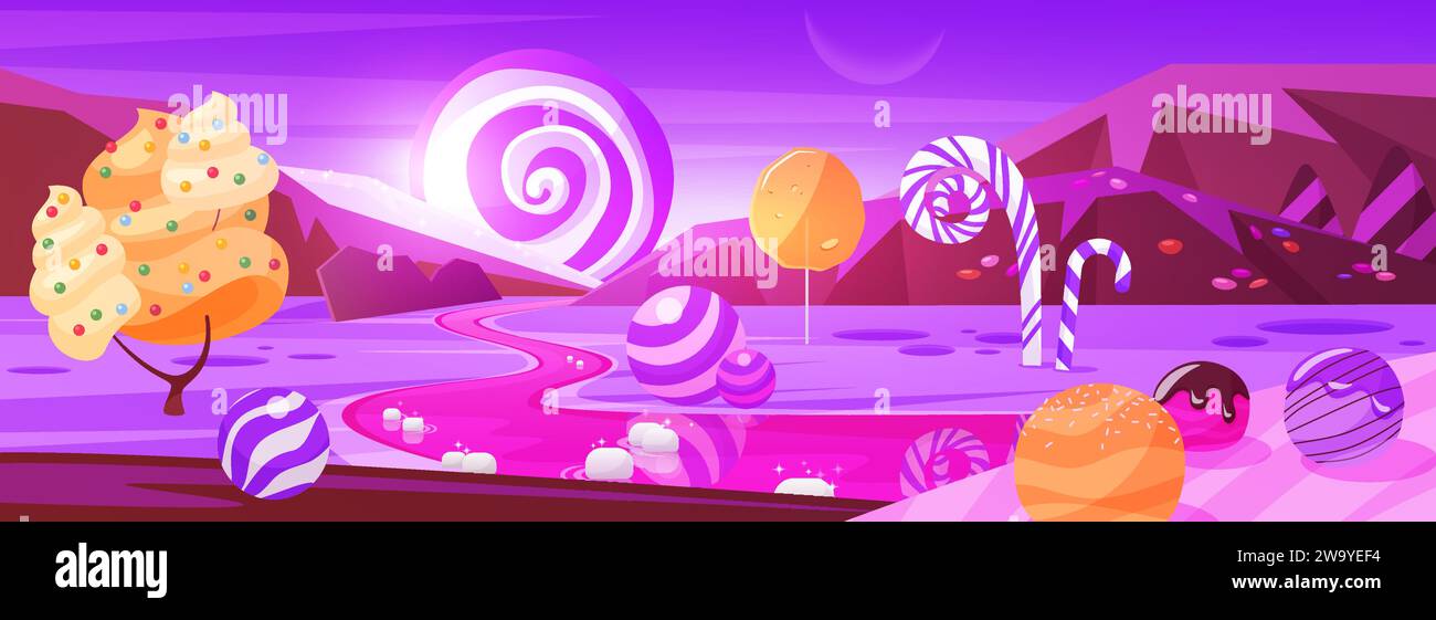 Fairy candy land with marshmallow and cream trees, pink river and lollipop in sky. Game cosmic