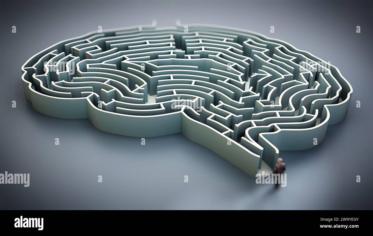 Businessman standing at the entrance of brain shaped maze 3D illustration. Stock Photo