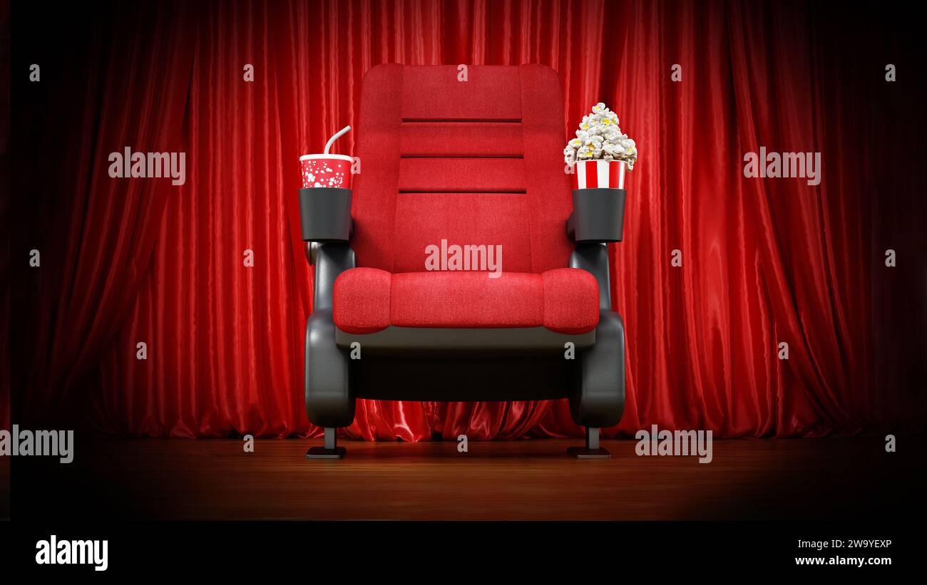 Cinema chair standing on stage in front of thr curtain. 3D illustration. Stock Photo