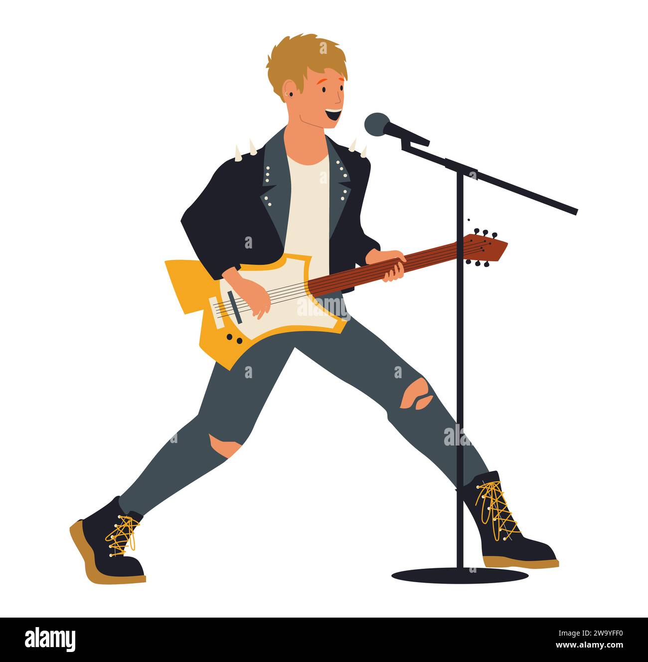 Rock musician. Metal band playing live music. Youth musical festival. Cartoon popular people singing with microphone and playing guitar. Show and hobb Stock Vector