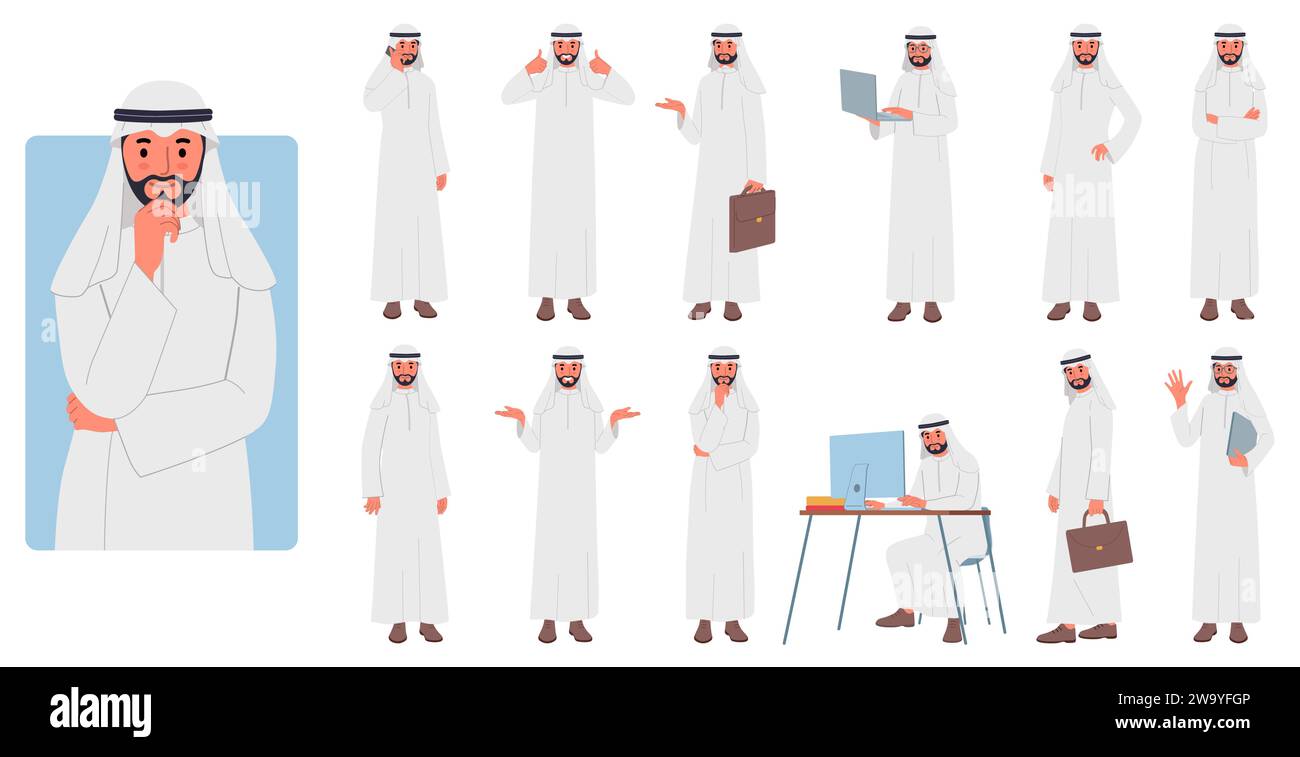 Saudi man. Arab business character, Arabian businessman from uae, arabia, working and standing Muslim male. Hold laptop and briefcase. Sitting at desk Stock Vector