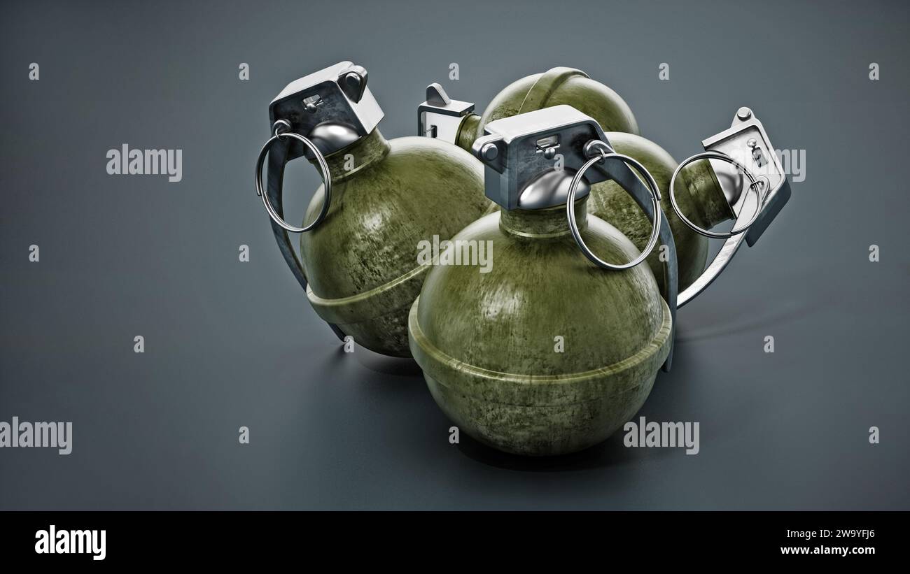 Hand grenades standing on dark background. 3D illustration Stock Photo ...