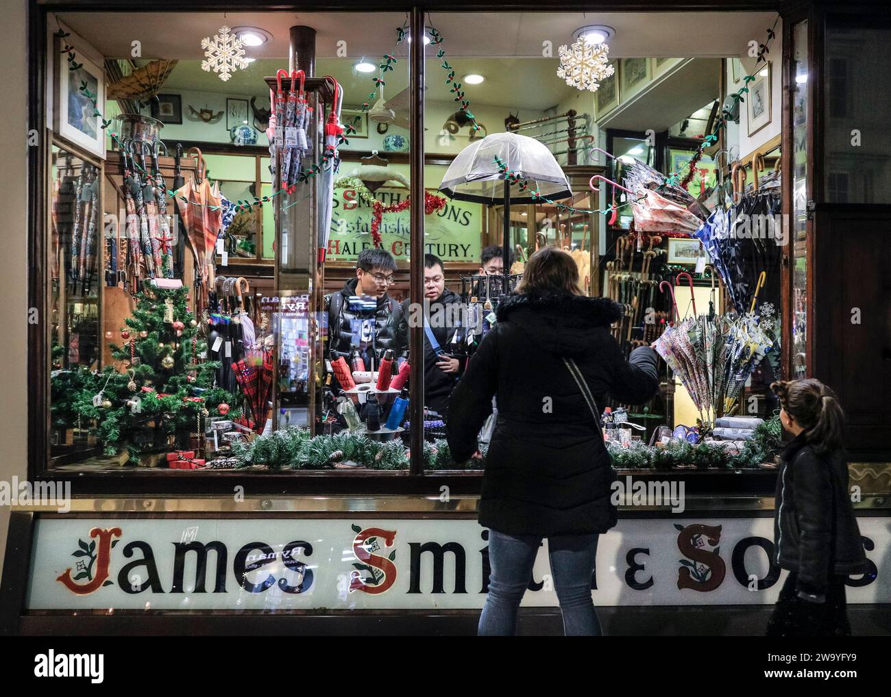 James Smith & Sons, night exterior, traditional British umbrella shop
