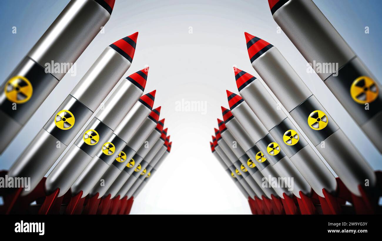 Nuclear missiles in a row. 3D illustration. Stock Photo