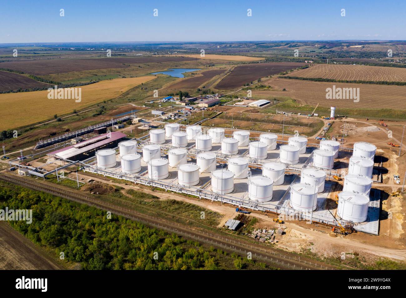 Construction of oil and fuel storage tank farm. Aerial view. Stock Photo