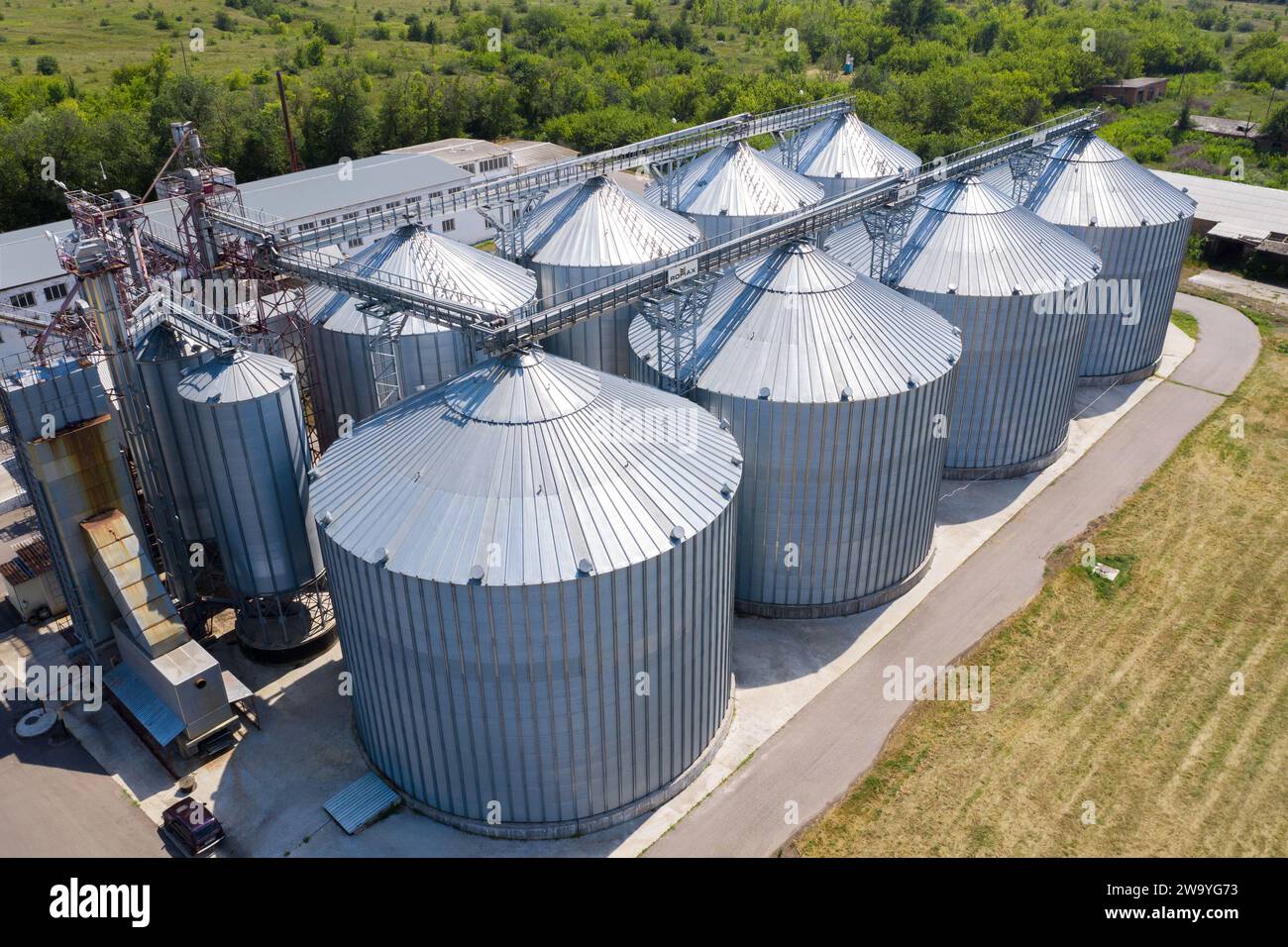 Aerial view of agricultural silos, grain elevator for storage and