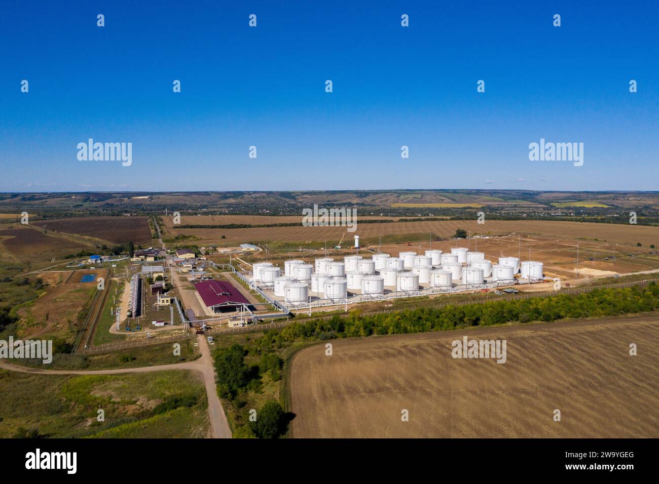Construction of oil and fuel storage tank farm. Aerial view. Stock Photo