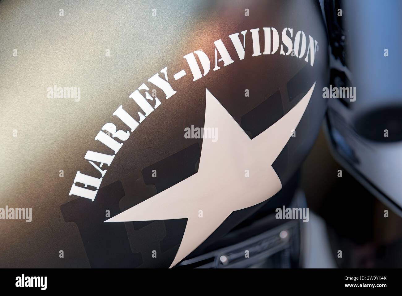 Toronto, Ontario, Canada-January 6, 2020: Harley Davidson logo in a Motorcycle's gas tank. Stock Photo