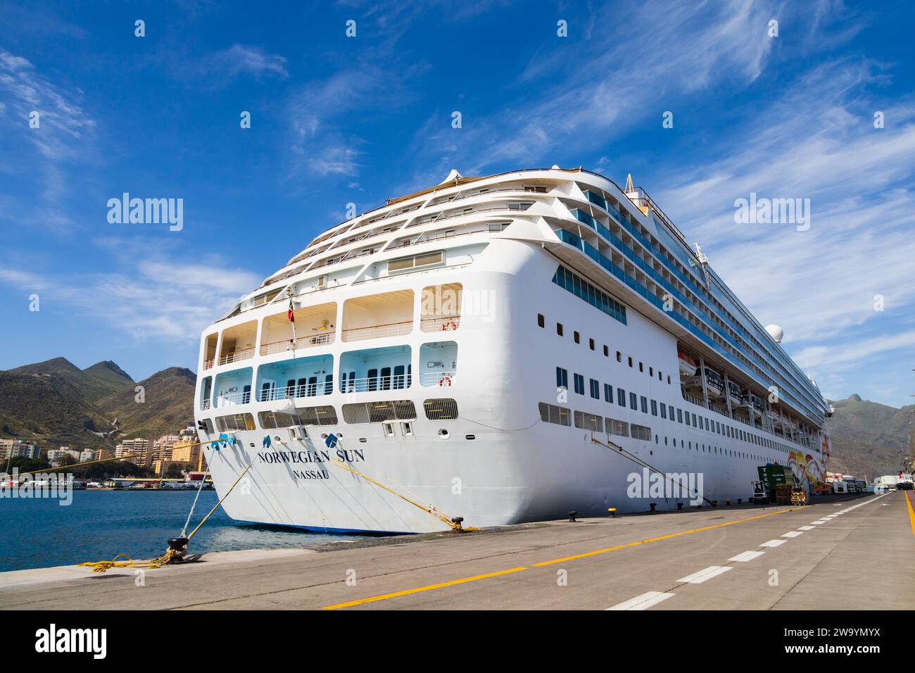 Norwegian Sun cruise ship moored in Santa Cruz harbour, Tenerife, Canary Islands,Spain Stock Photo