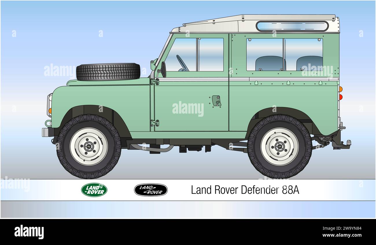 United Kingdom, year 1971, Land Rover Defender 88A, vintage classic off-road car, coloured silhouette illustration Stock Photo