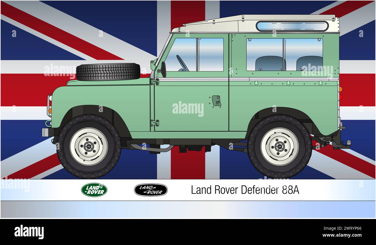 United Kingdom, year 1971, Land Rover Defender 88A, vintage classic off-road car, coloured silhouette illustration on the british flag on backg Stock Photo