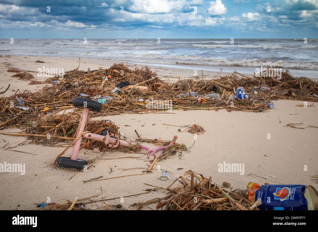 Vegetation mixed with metal and plastic waste and a washed up child's tricycle on a tourist beach in Sousse, Tunisia. Stock Photo