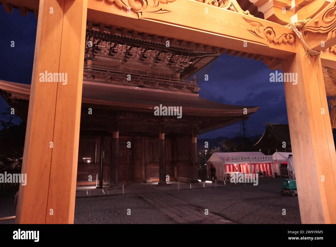 The twostoried gate of Aso Shrine is ready for New Year in Aso City, Kumamoto Prefecture on