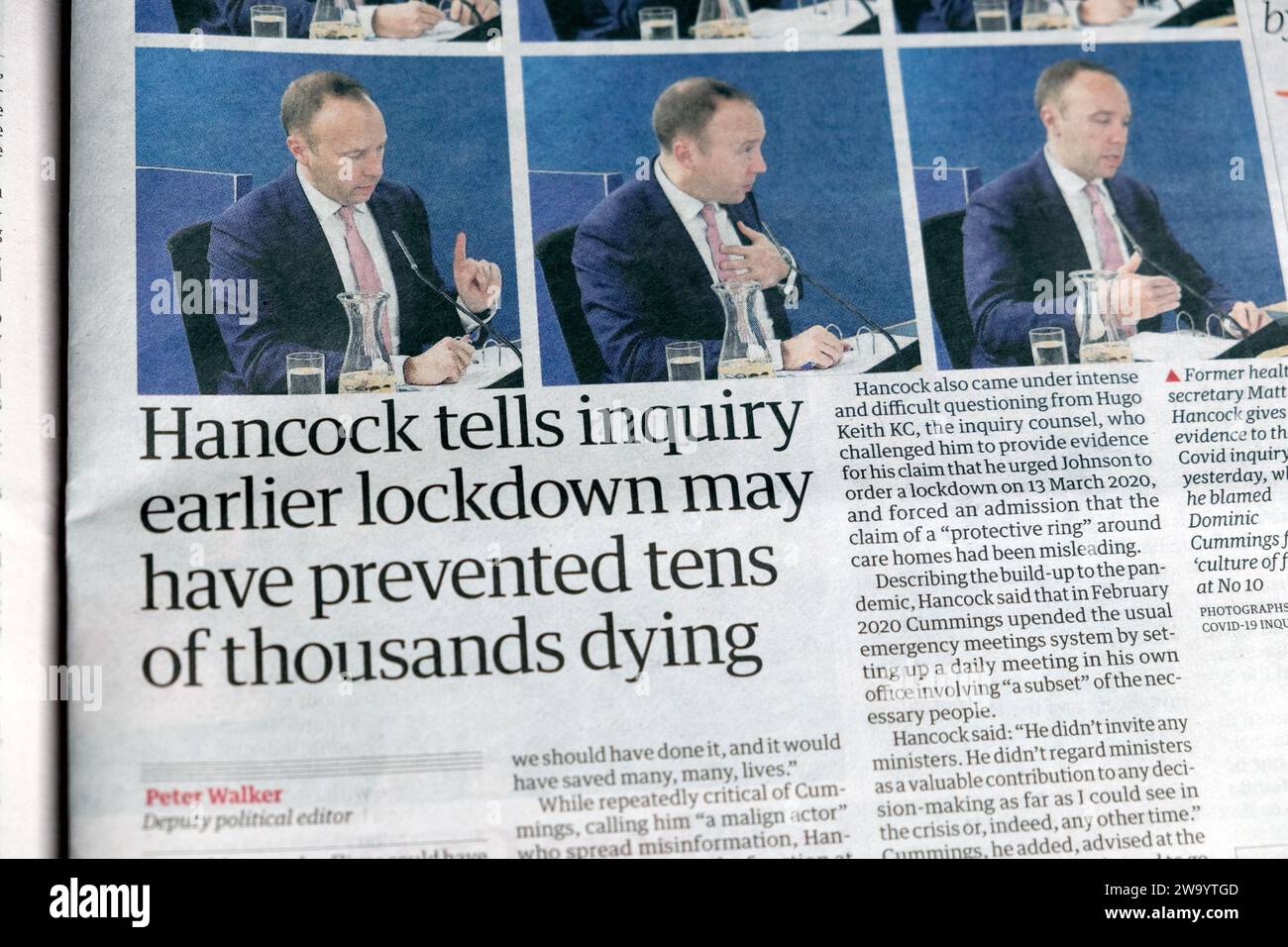 Matt 'Hancock tells (covid) inquiry earlier lockdown may have prevented tens of thousands dying' Guardian newspaper headline 1 December 2023 London UK Stock Photo