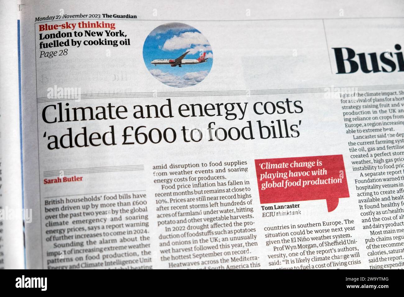 'Climate and energy costs 'added £600 to food bills' Guardian newspaper headline cost of living crisis article 27 November 2023 London England UK Stock Photo