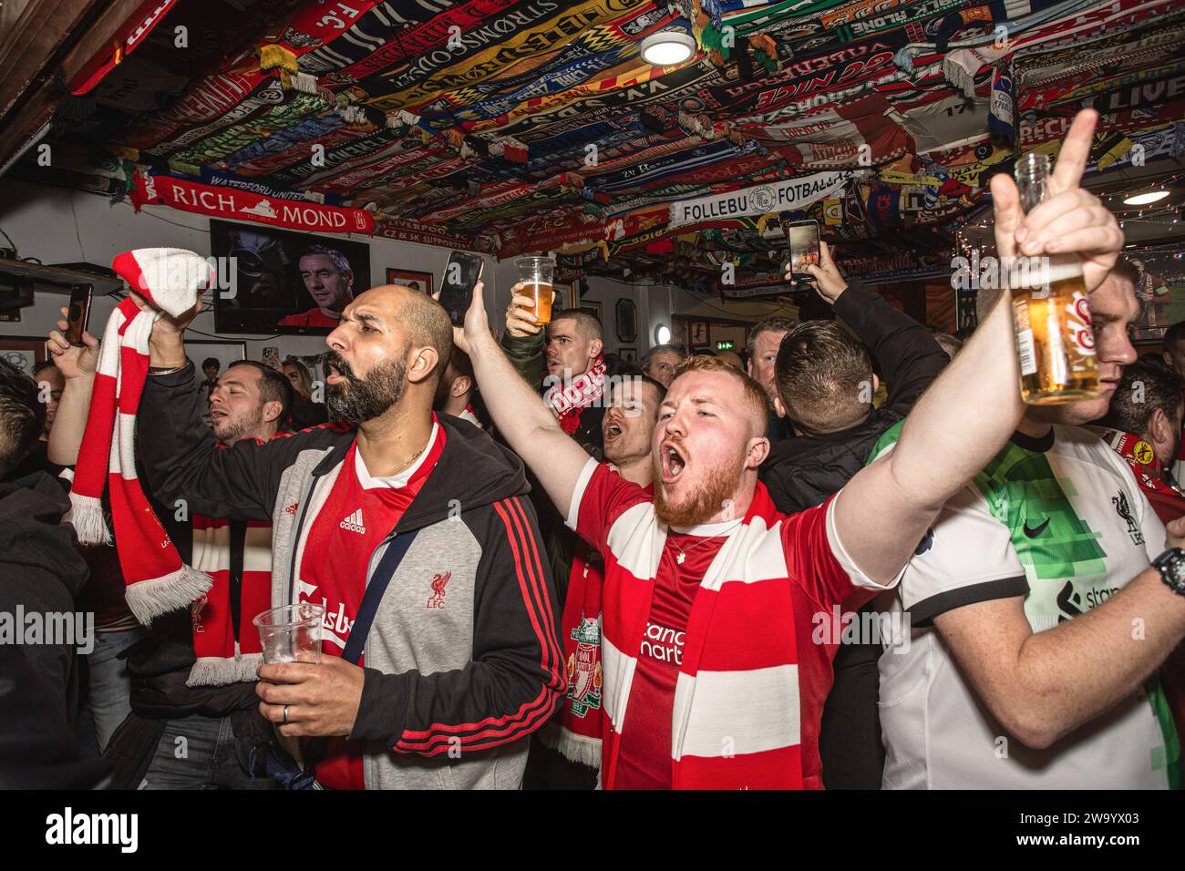Football fans inside The Albert pub Anfield Liverpool England Stock
