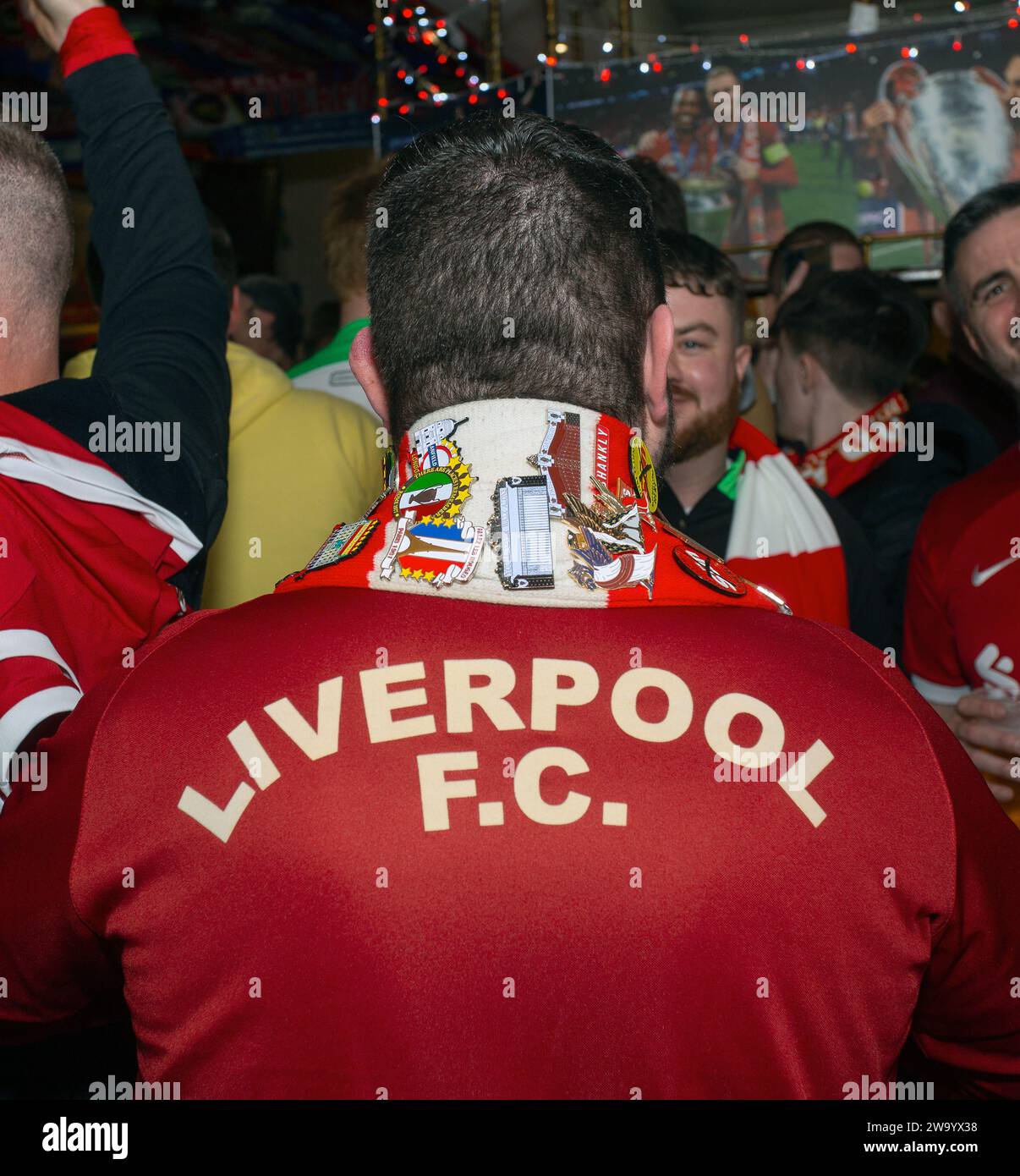 Liverpool FC supporter  rear view , The Albert pub , Anfield , Liverpool Stock Photo