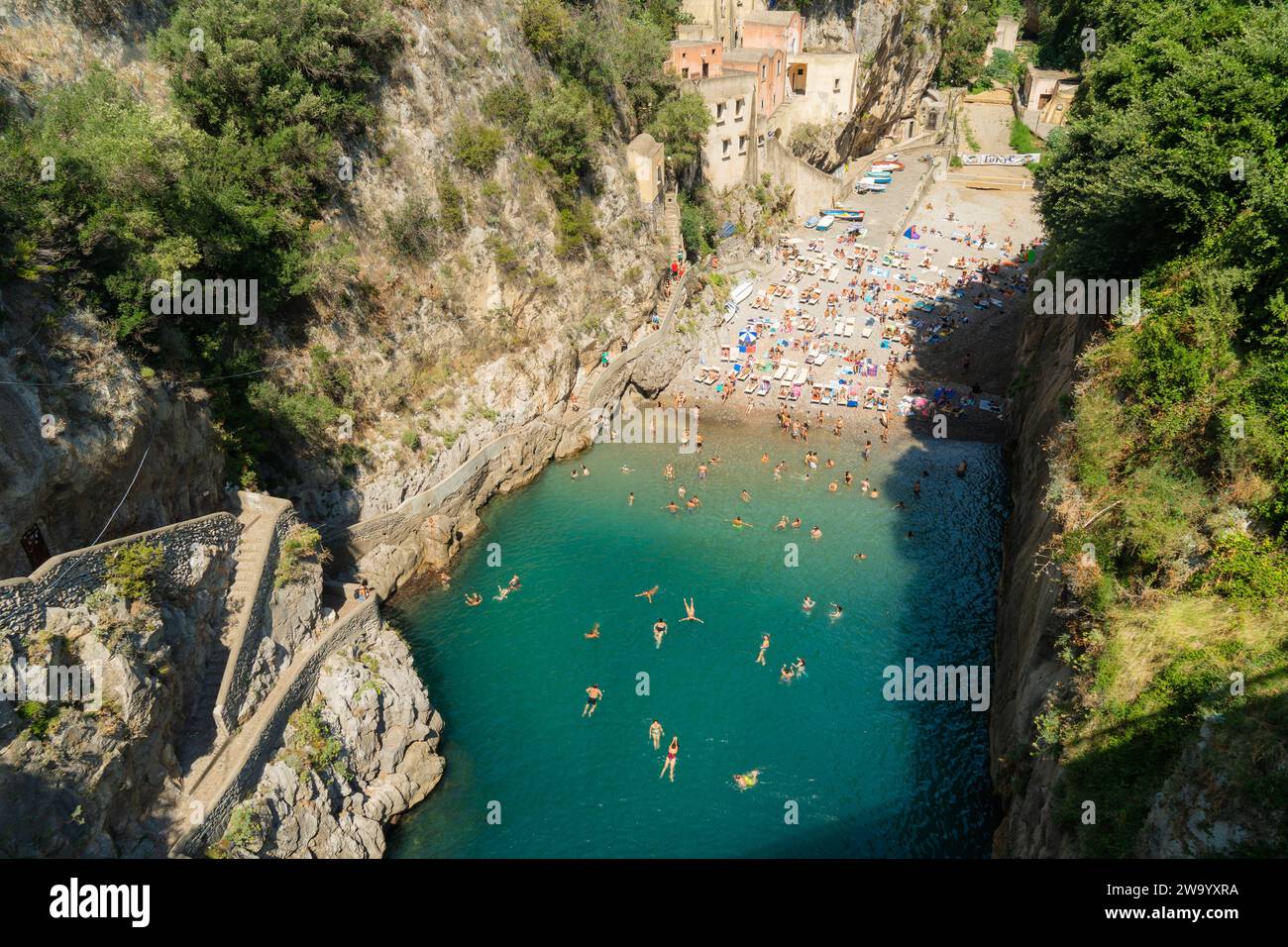 The famous Fiordo di furore cove in Amalfi coast popular tourist destination in summer in south of Italy. Stock Photo