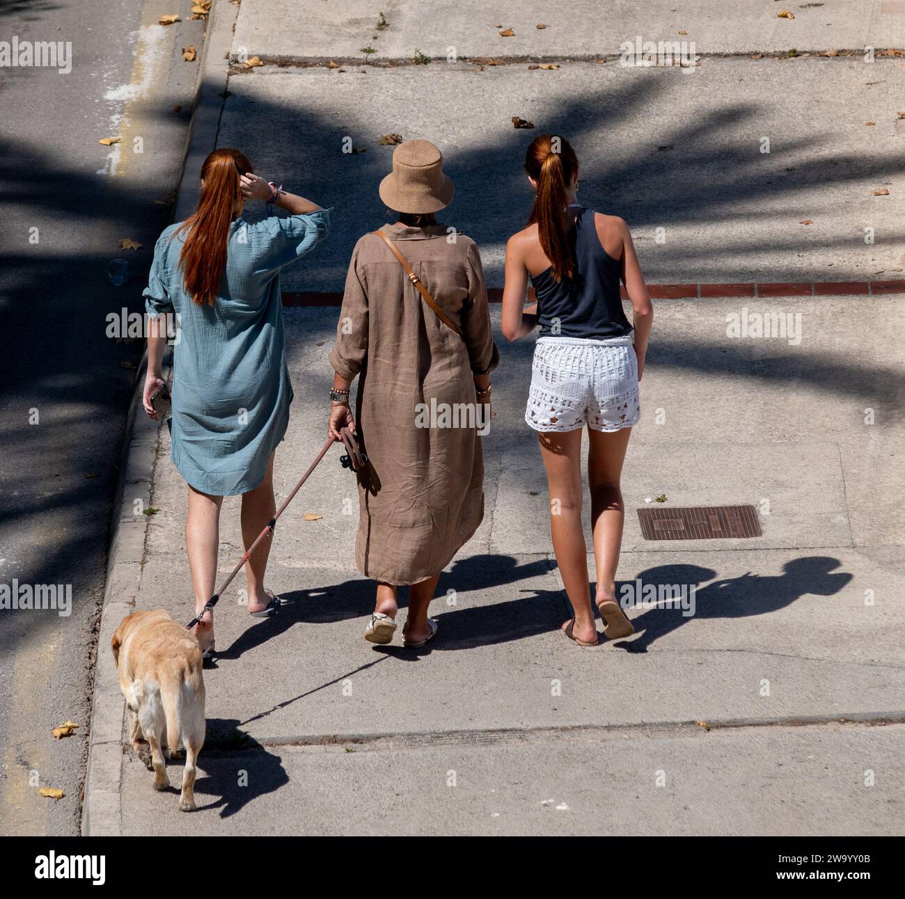 Mother and daughters walking with  dog on a hot sunny day Mahon,Menorca Spain Stock Photo