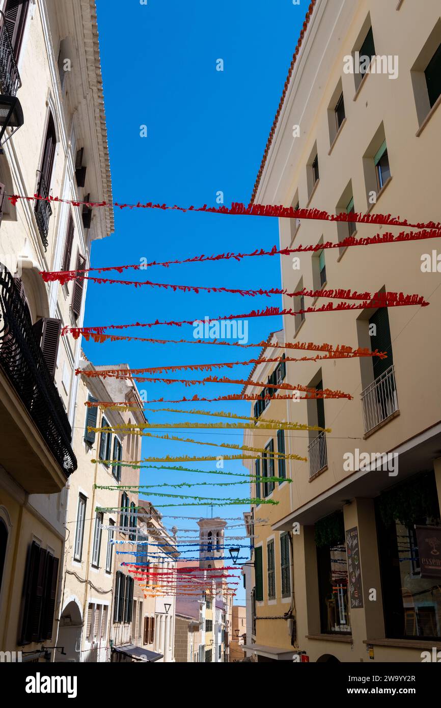 Carnival bunting street celebrations Mahon Menorca Spain. Stock Photo