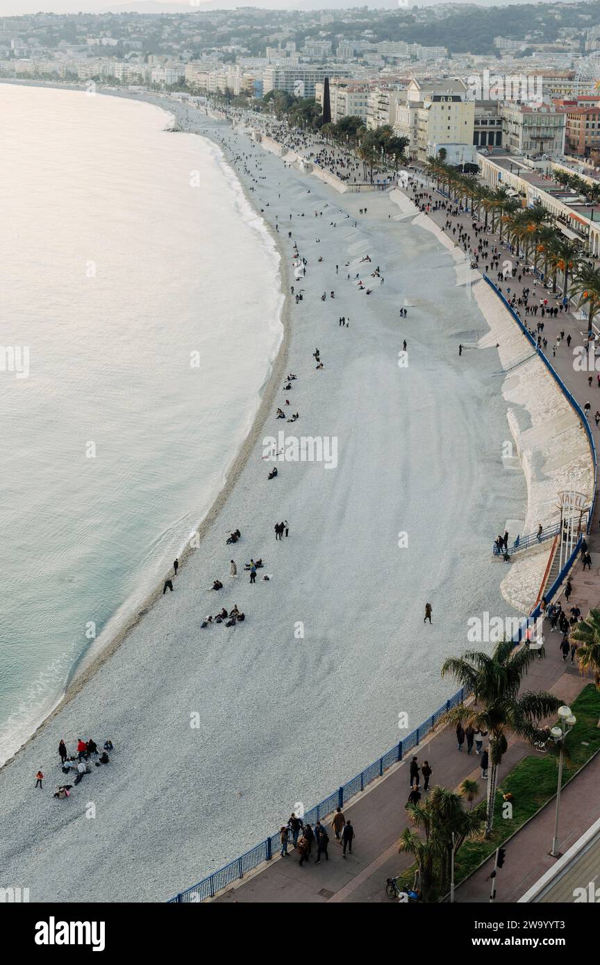 Nice, France. December 29, 2023. View from above of the beach that runs along the Promenade des Anglais Stock Photo