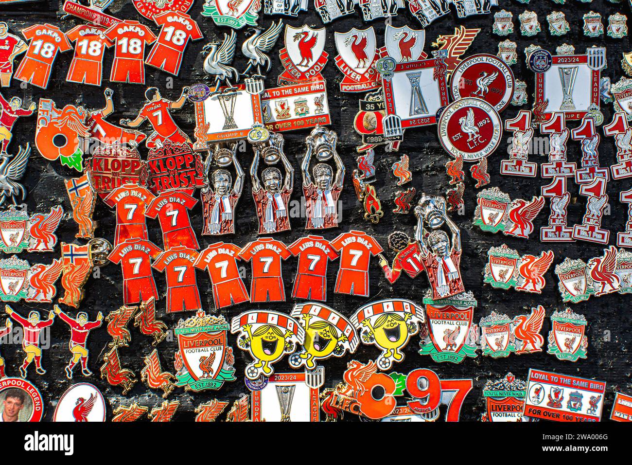 Football fan pins at a street stand in Liverpool Stock Photo