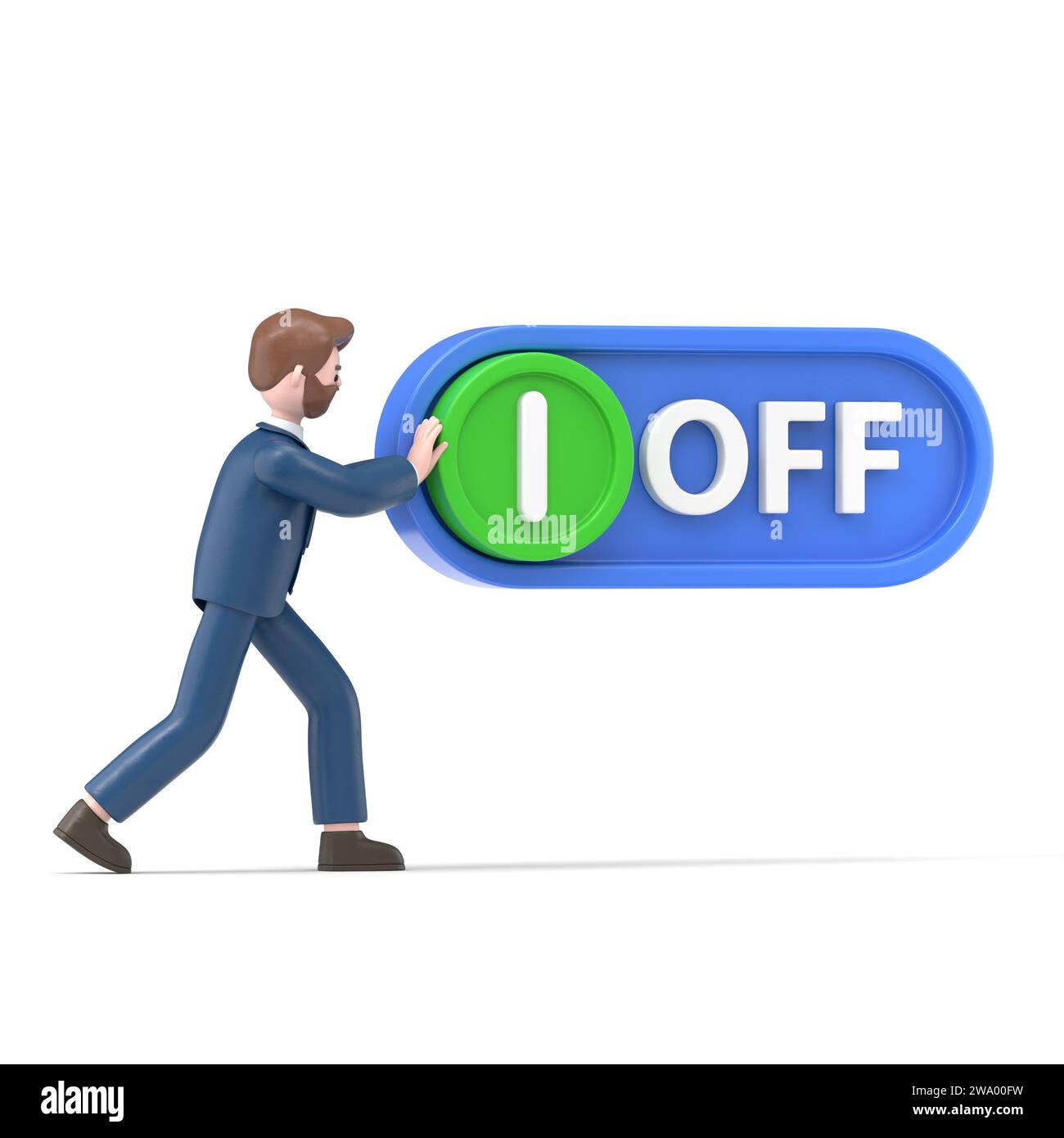 3D illustration of Cartoon 3d character presses off. Presses a button ...
