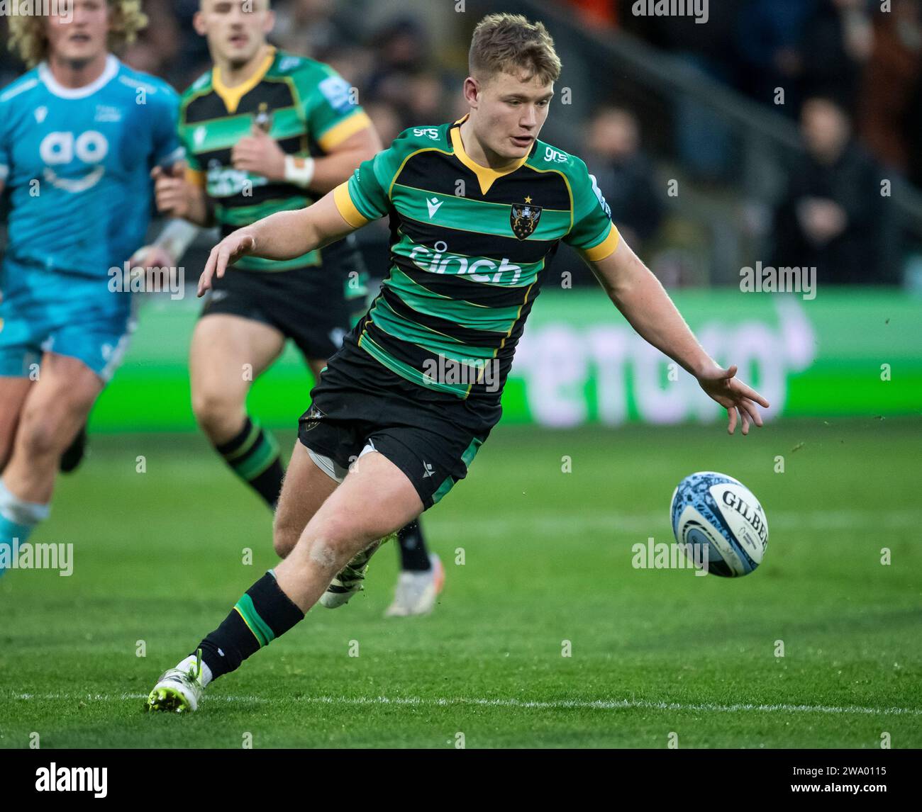 Northampton, UK. 30th Dec, 2023.Northampton Saints Fin Smith in action ...