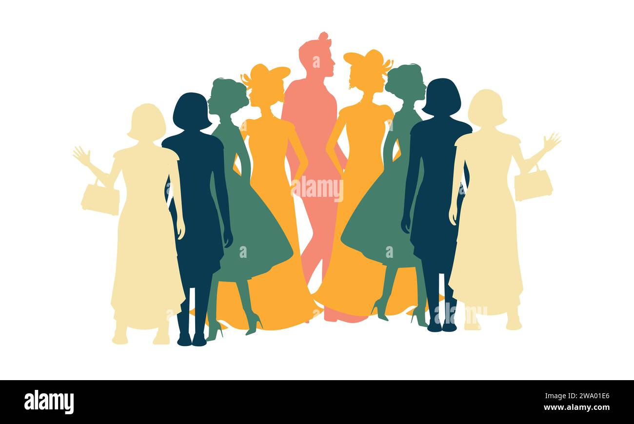 Colorful diverse people crowd. Diverse people group. Flat design vector illustration. A colorful illustration of diverse silhouetted people in profile Stock Vector