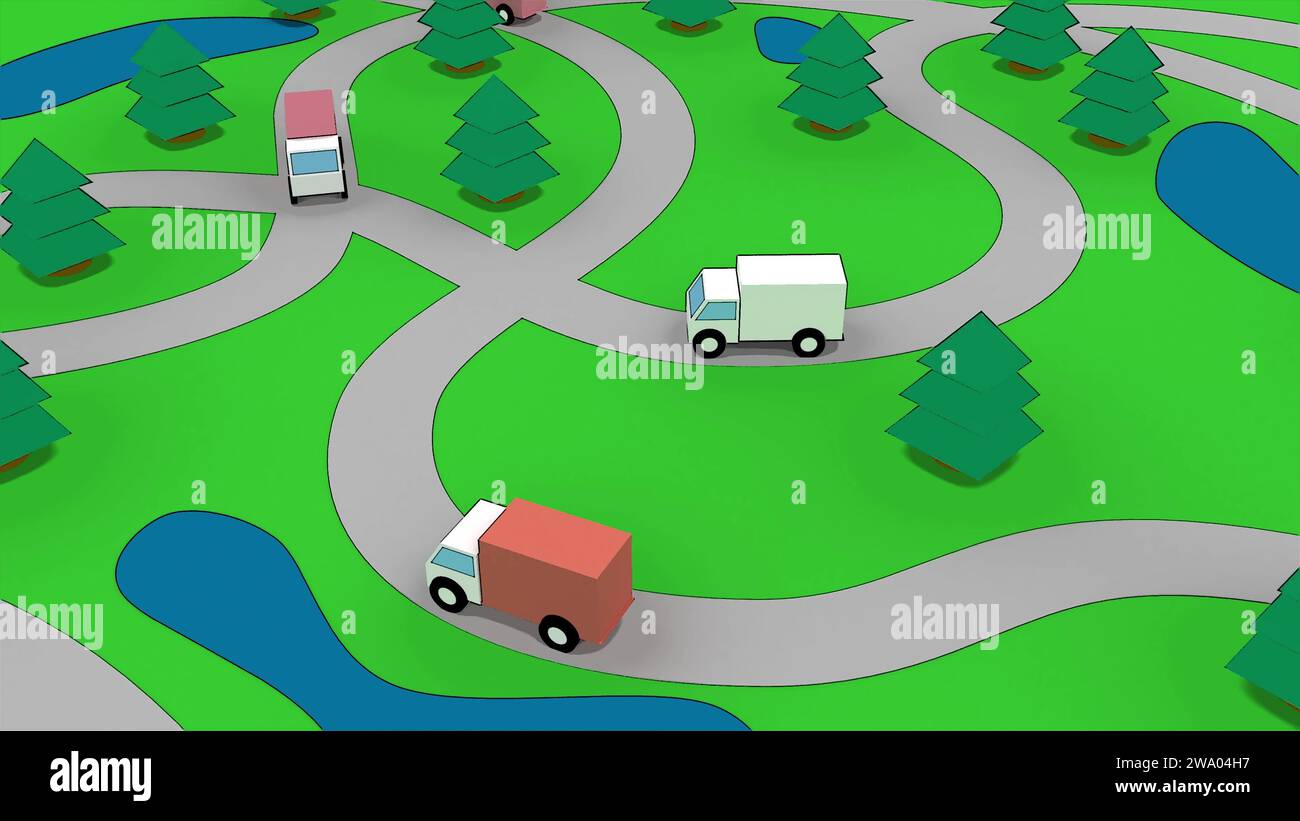 Cartoon cars traffic road in the wild nature 3d render Stock Photo - Alamy