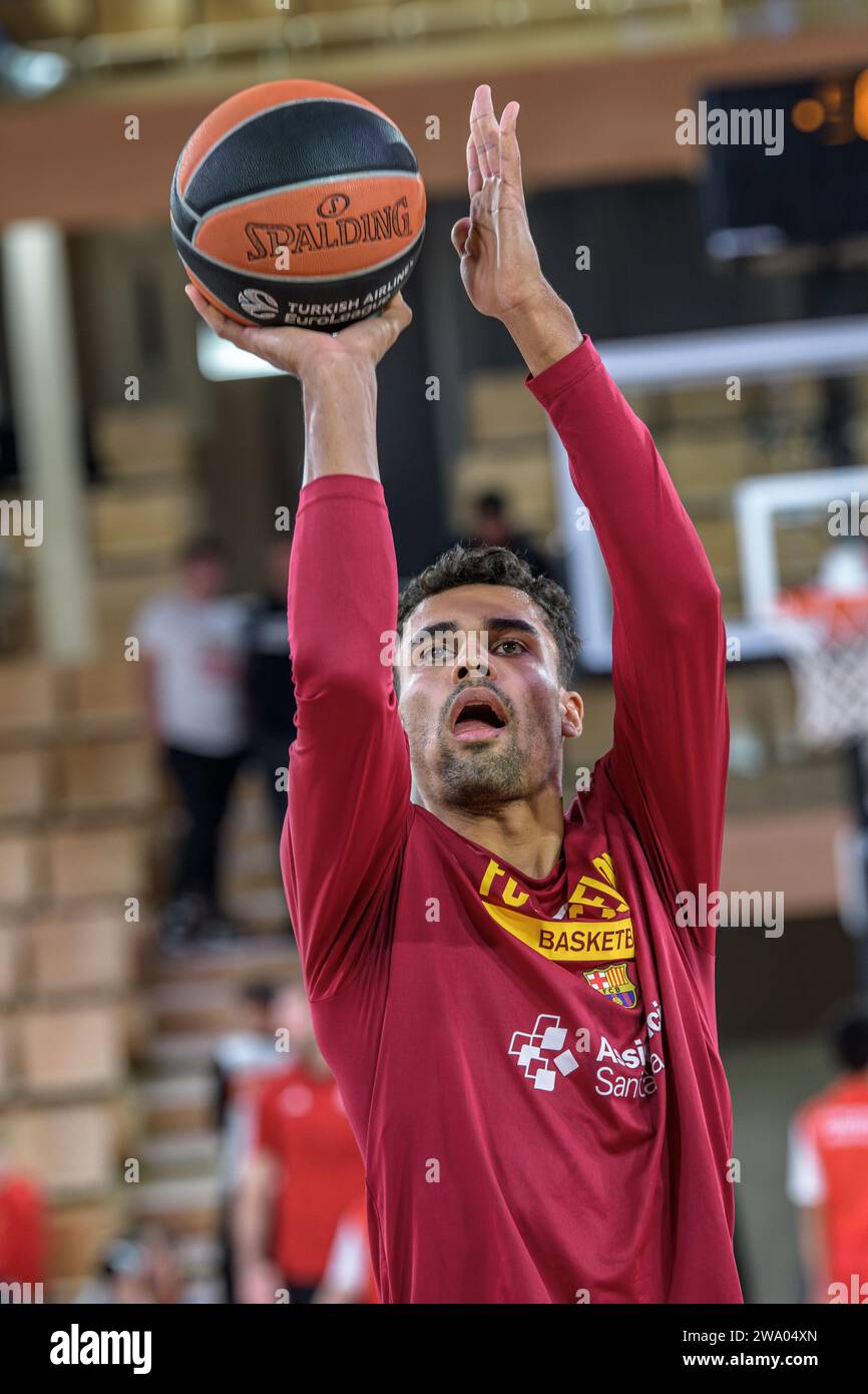 Monaco, Monaco. 29th Dec, 2023. Barcelona #1 Oscar da Silva is seen in action ahead of the match between AS Monaco and FC Barcelona at the Salle Gaston-Medecin in Monaco on Matchday 17 of the Turkish Airlines Euroleague. Final score; AS Monaco 91: 71 FC Barcelone. (Photo by Laurent Coust/SOPA Images/Sipa USA) Credit: Sipa USA/Alamy Live News Stock Photo