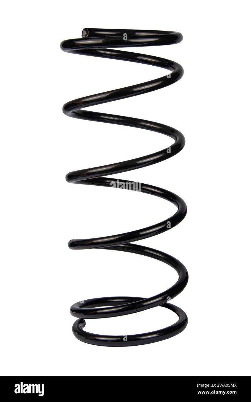 Car spare part. Large metal spring on white background. cushioning
