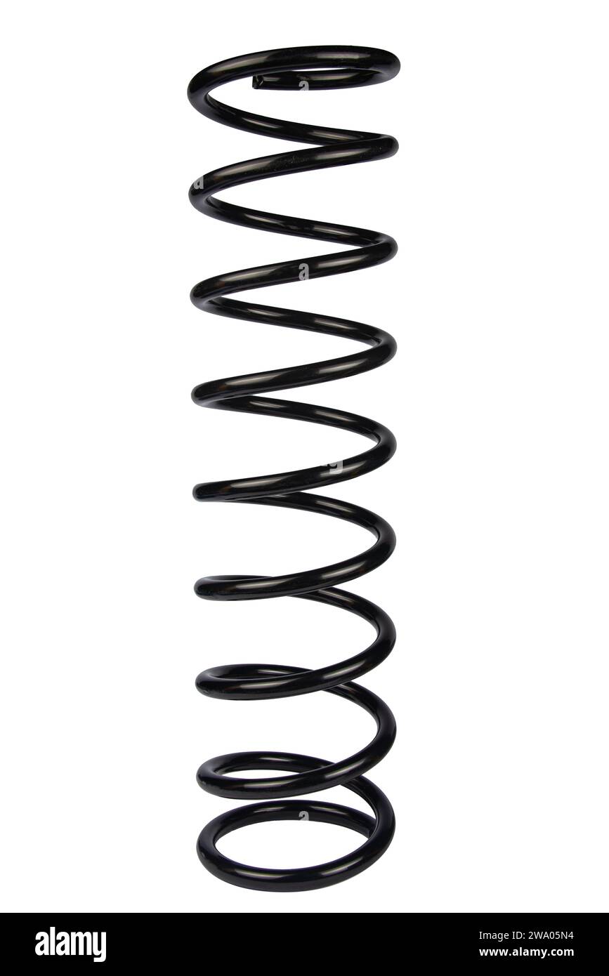 Car spare part. Large metal spring on white background. cushioning
