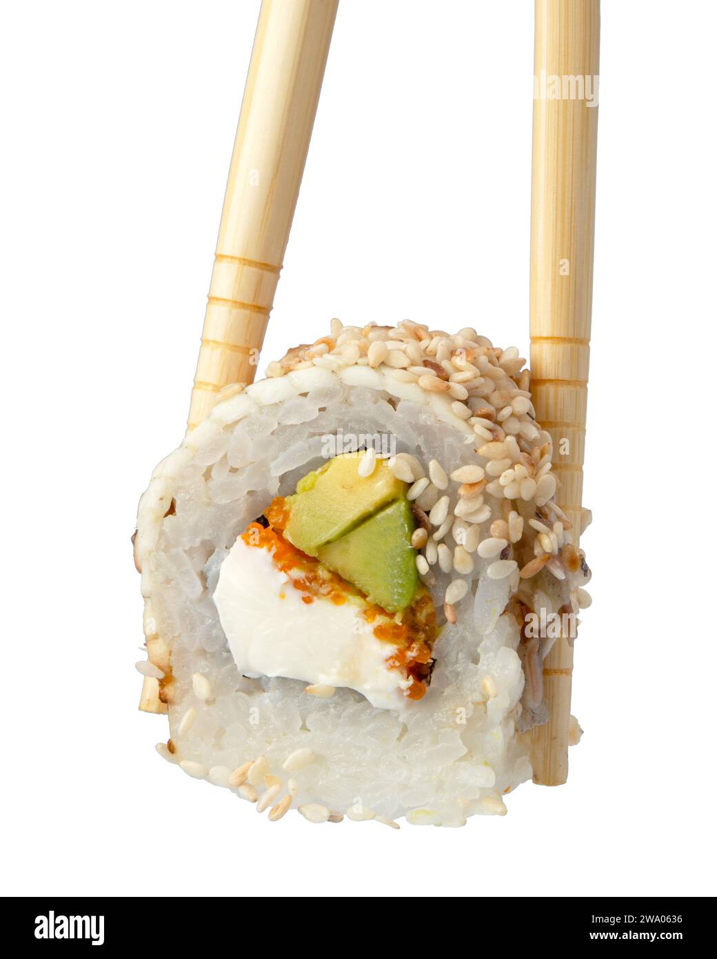 Wooden chopsticks with sushi roll isolated on white background Stock Photo