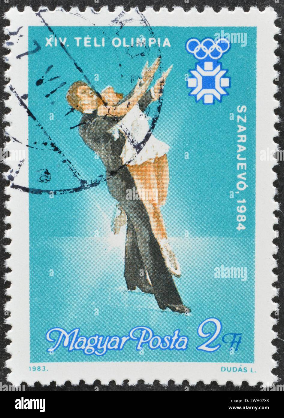 Cancelled postage stamp printed by Hungary, that shows Figure Skating