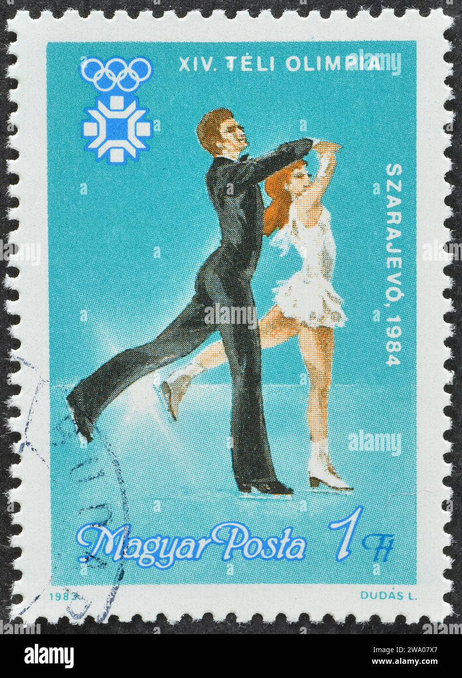 Cancelled postage stamp printed by Hungary, that shows Figure Skating