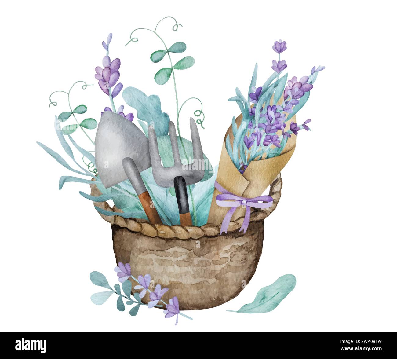 Beautiful lavender provence bouquet in basket with green pies sprouts