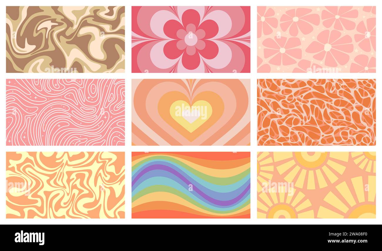 Groovy psychedelic pattern set. Retro hippie backgrounds with hypnosis print of flowers and heart, geometric design of sun, marble or liquid abstract swirls and waves cartoon vector illustration Stock Vector
