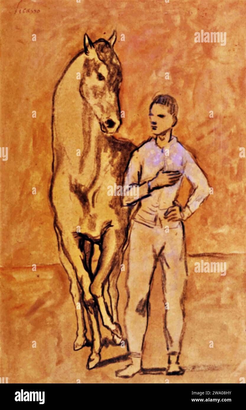 Cheval avec jeune homme en bleu 1905 (Painting) by Artist Picasso, Pablo (1881-1973) Spanish. Stock Vector