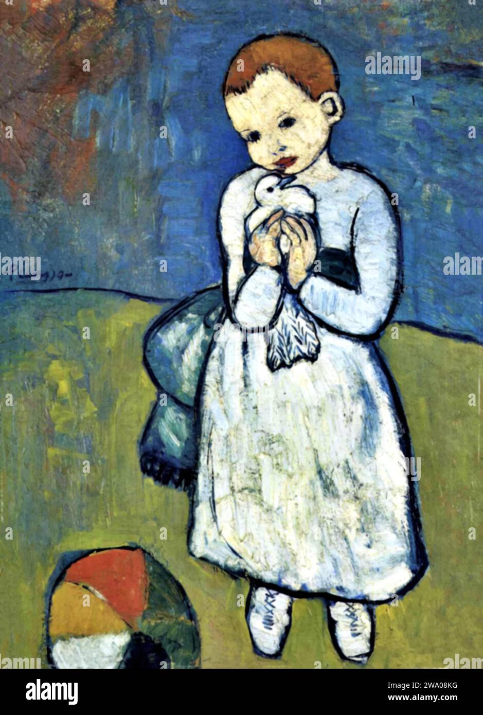 Child with dove 1901 (Painting) by Artist Picasso, Pablo (1881-1973) Spanish. Stock Vector