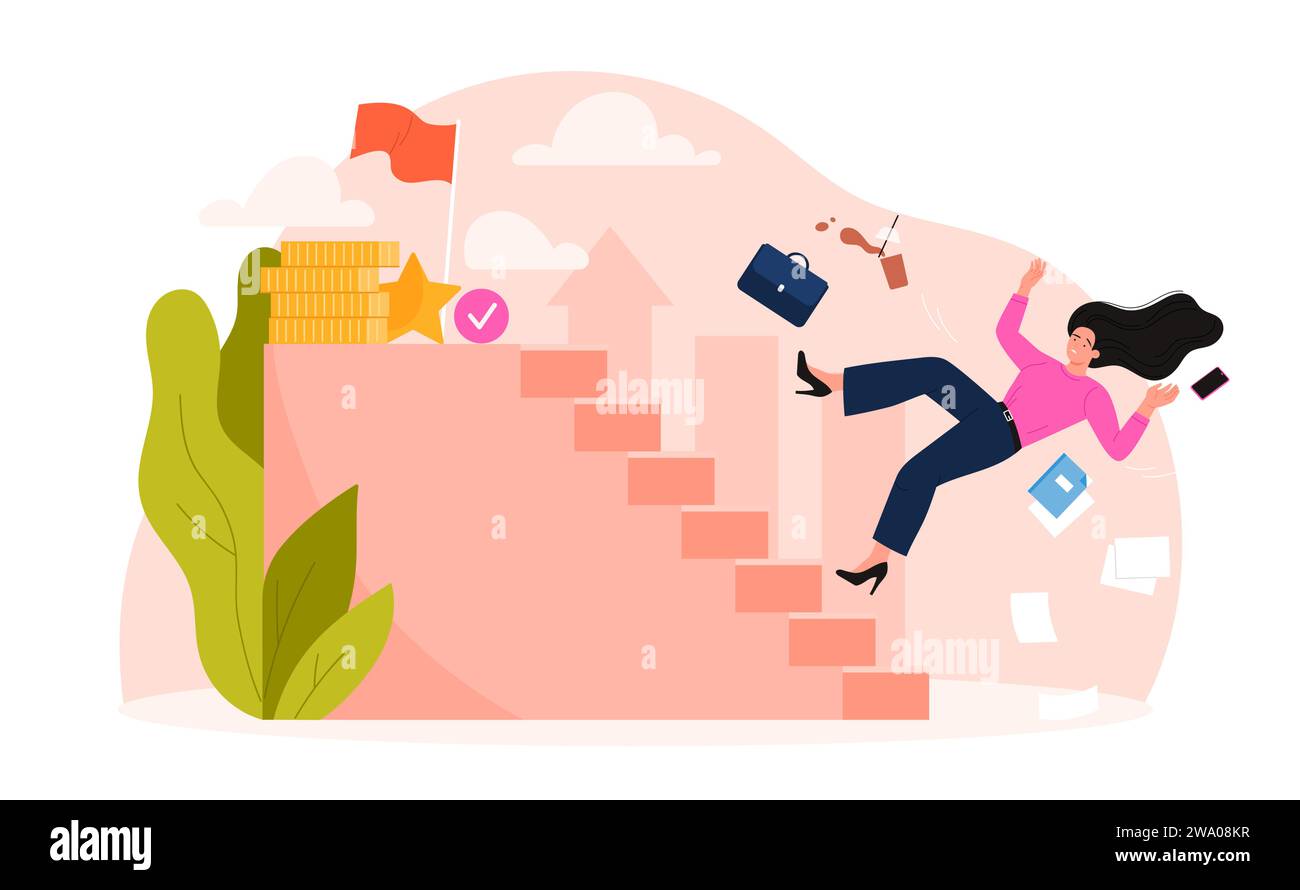 Obstacle and problem in career of businesswoman. Unhappy woman climbing stairs to flag achievement, money reward and recognition, disappointed business lady falling cartoon vector illustration Stock Vector