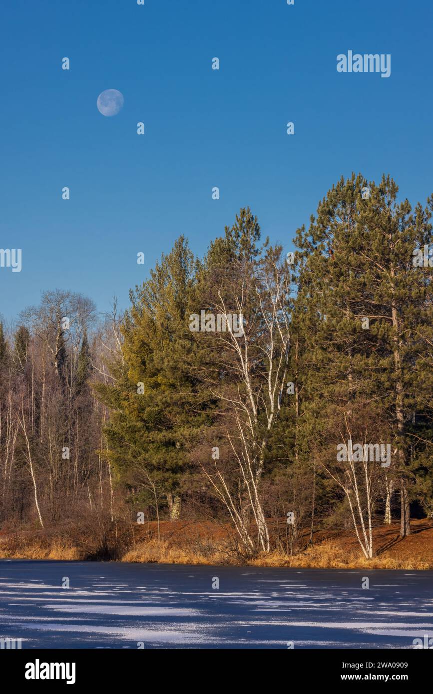 The moon setting over Loretta Lake in northern Wisconsin Stock Photo