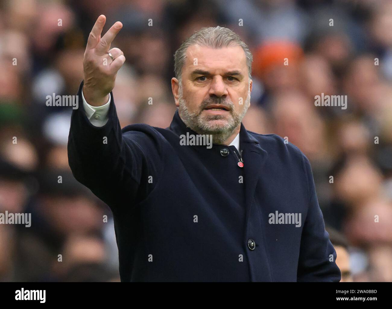 London, UK. 31st Dec, 2023. 31 Dec 2023 - Tottenham Hotspur v AFC Bournemouth - Premier League - Tottenham Hotspur Stadium.   Tottenham Manager Ange Postecoglou shows referee Simon Hooper what he thinks of one of his decisions during the match against Bournemouth.                                                                                Picture Credit: Mark Pain / Alamy Live News Stock Photo