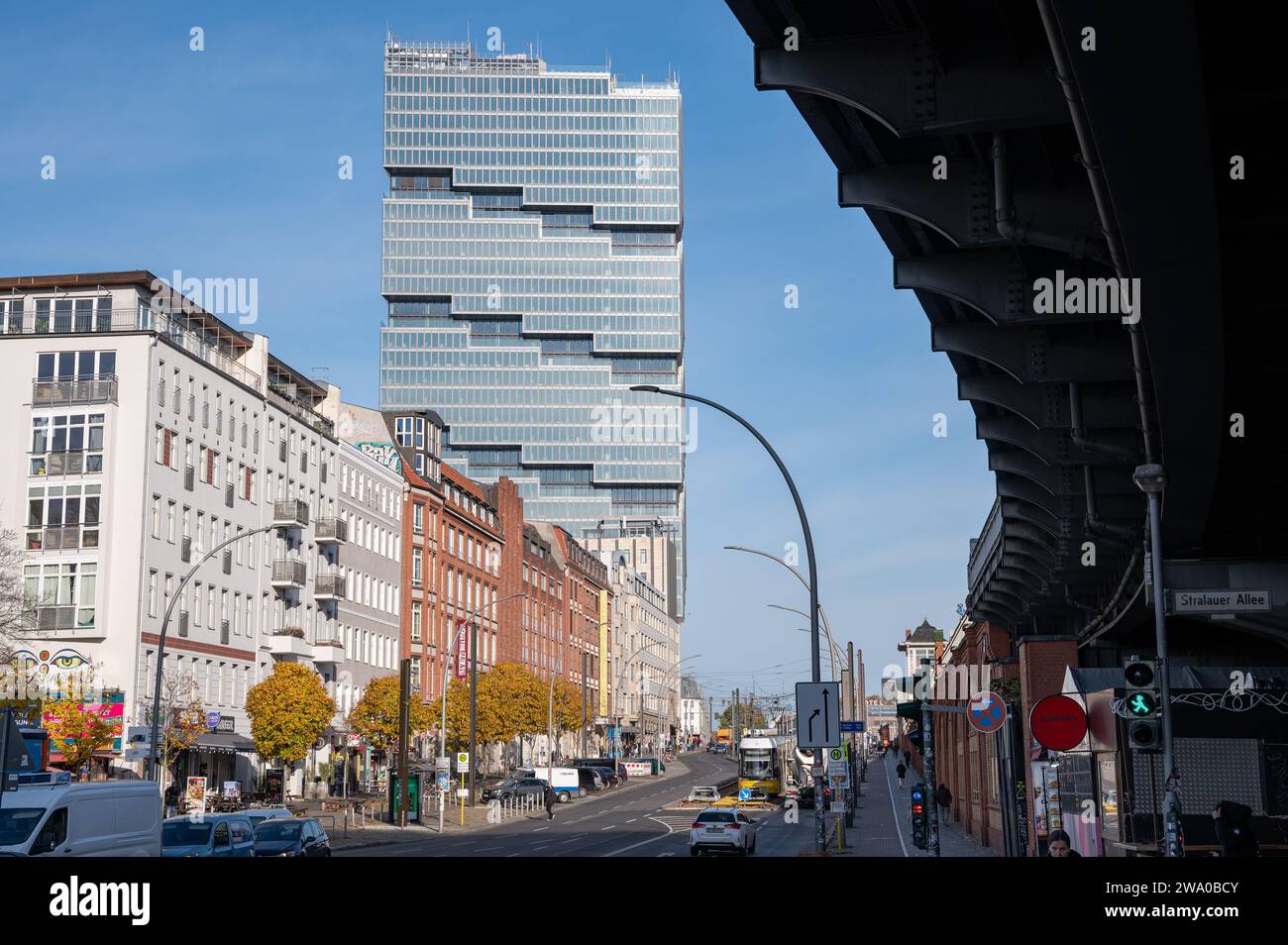 22.11.2023, Berlin, Germany, Europe - View from Warschauer Strasse at Oberbaumbruecke bridge to the new Edge East Side Berlin - Amazon Tower. Stock Photo