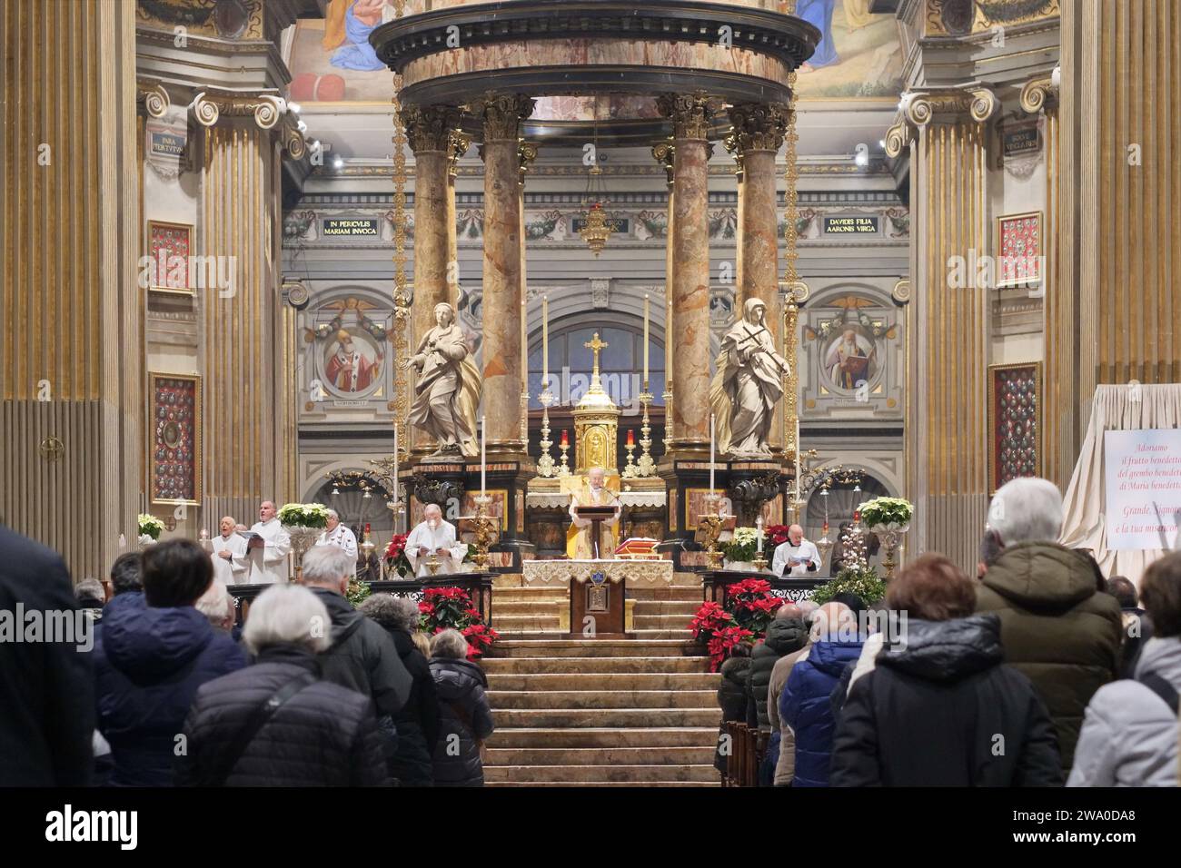 Sanctuary of Santa Maria del Fonte di Caravaggio many faithful at the solemn mass on the last Sunday afternoon of the year 2023. Stock Photo