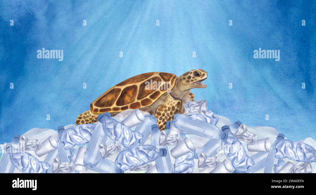 Sea turtle on pile of plastic garbage trash. Great Pacific Garbage Patch. Disposable blue transparent bottles and cups. Hand-drawn watercolor Stock Photo