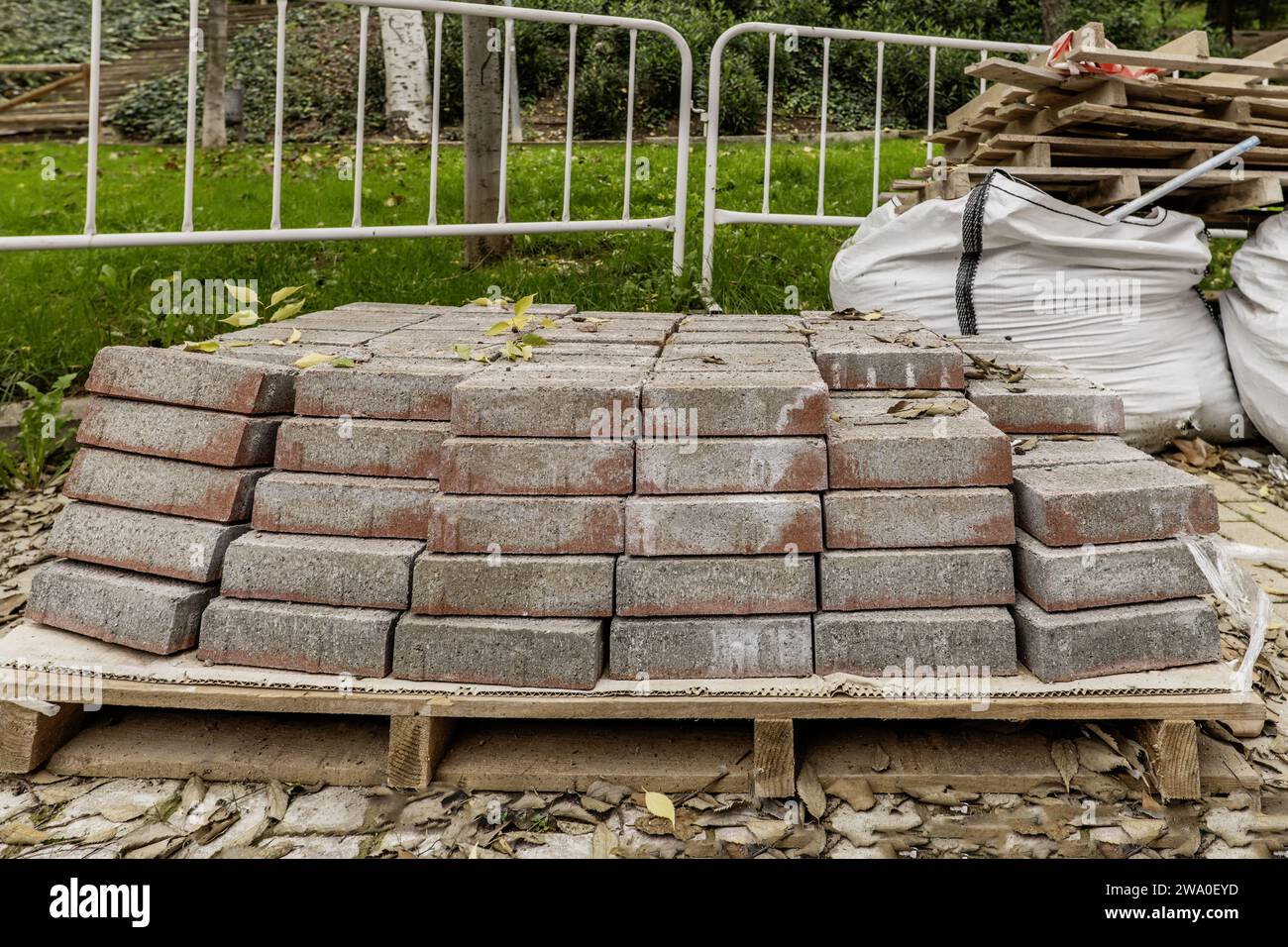 A pallet of paving stones to pave open streets in the middle of a
