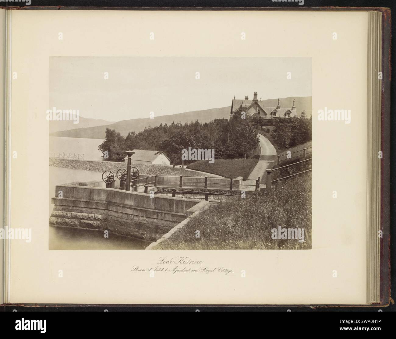 Loch Katrine, sluices at inlet to aqueduct and Royal Cottage, T. & R. Annan & Sons, c. 1879 - in or before 1889 photograph  Stirling photographic support albumen print lake. low hill country. sluice, weir. façade (of house or building) Loch Katrine Stock Photo