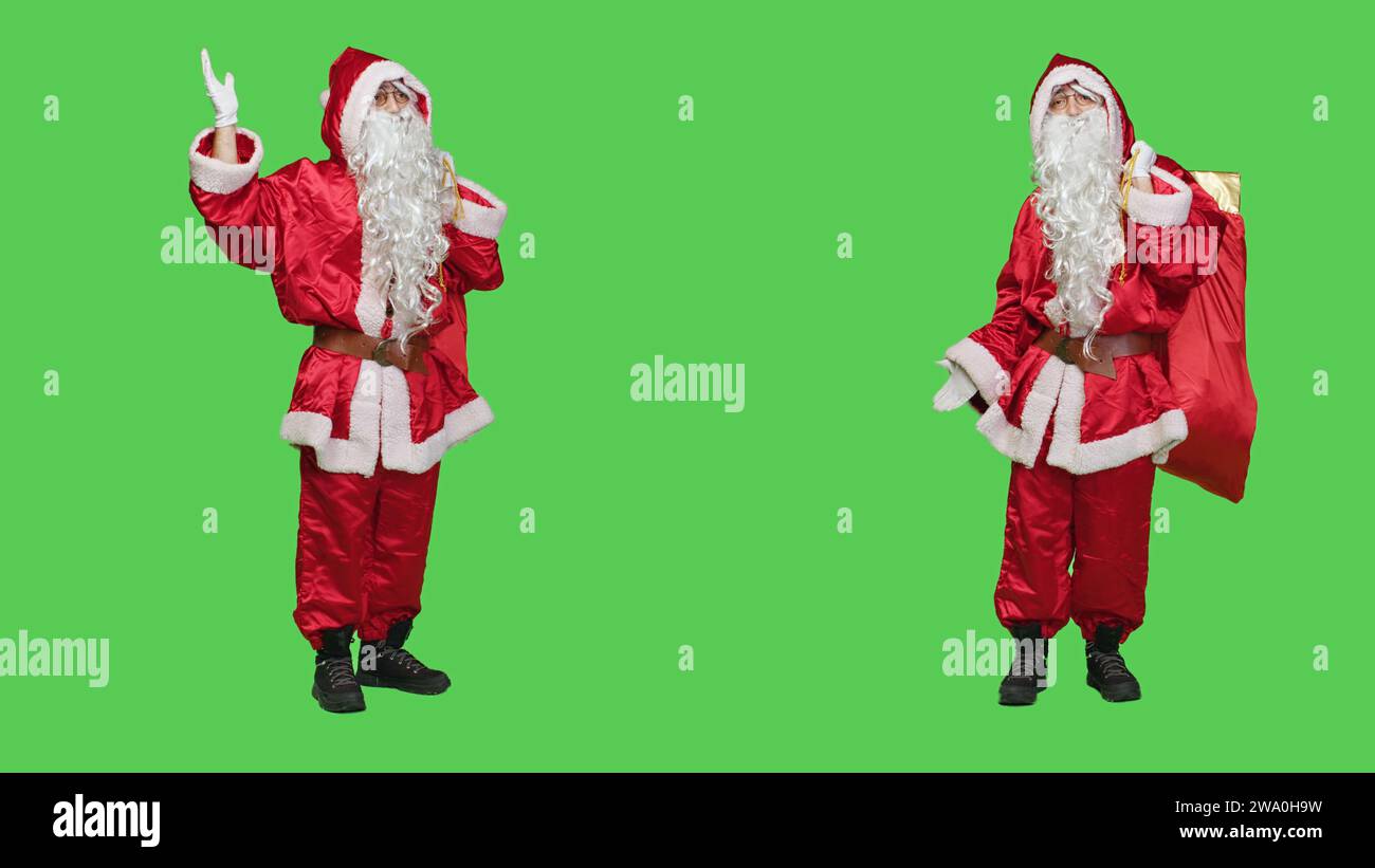 Saint nick creating marketing ad in studio, working on christmas eve holiday advertisement to