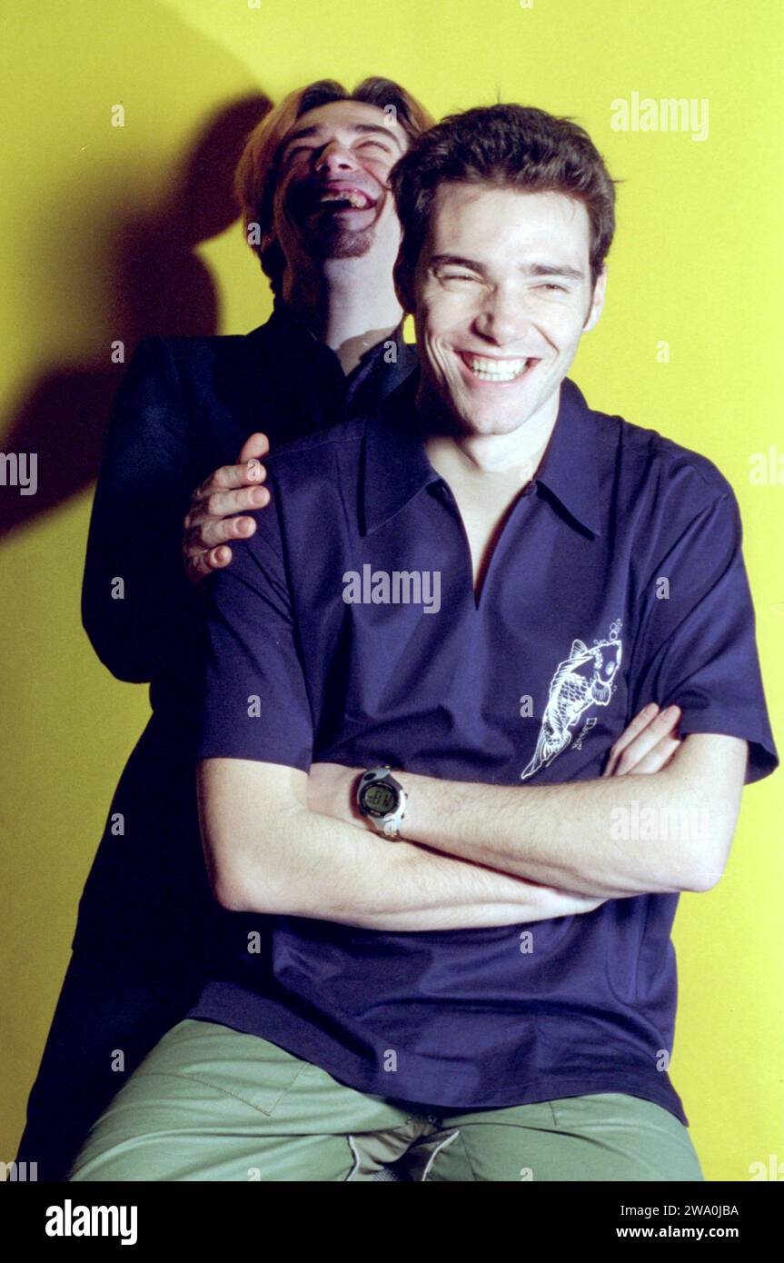 Milan Italy 1998-02-15 :Andrea Pezzi television host and Morgan singer and guitarist of Bluvertigo during the photo session for the presentation of the television program 'Tokusho' broadcast by Rete A MTV Stock Photo